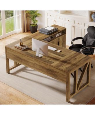 63" L-Shaped Desk with File Cabinet
