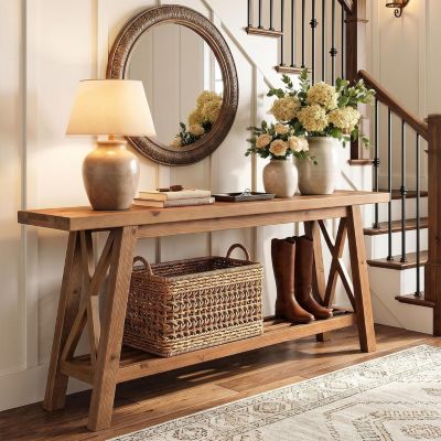 63" Solid Wood Console Table, 2-Tier Entryway Table