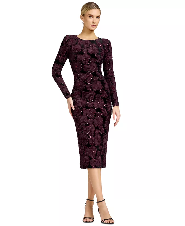 Women's Long-Sleeve Bodycon Floral-Print Midi Dress