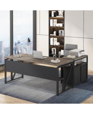 63" L-Shaped Desk with Reversible File Cabinet, Oak
