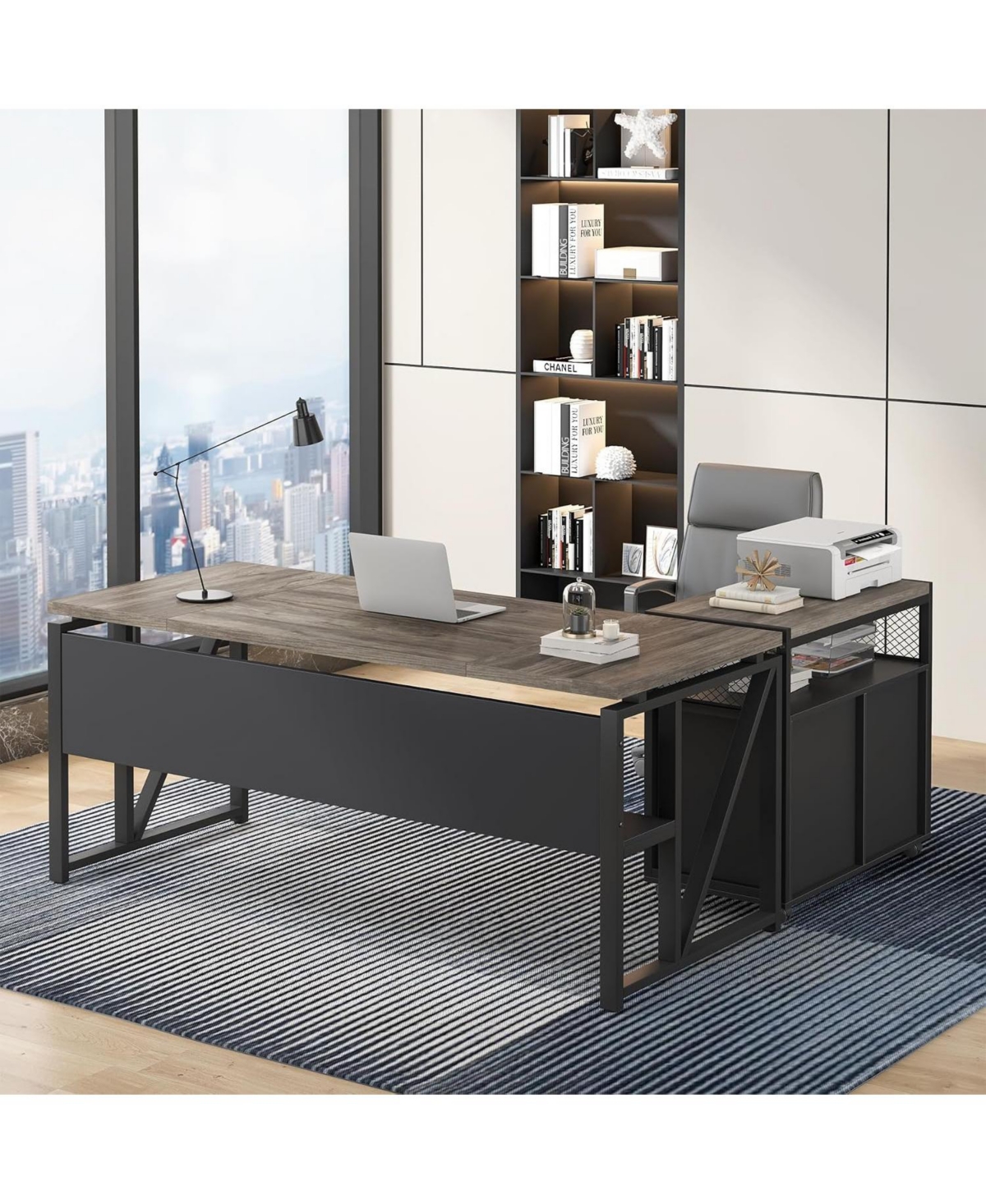 Tribesigns 63" L-Shaped Desk with Reversible File Cabinet, Oak