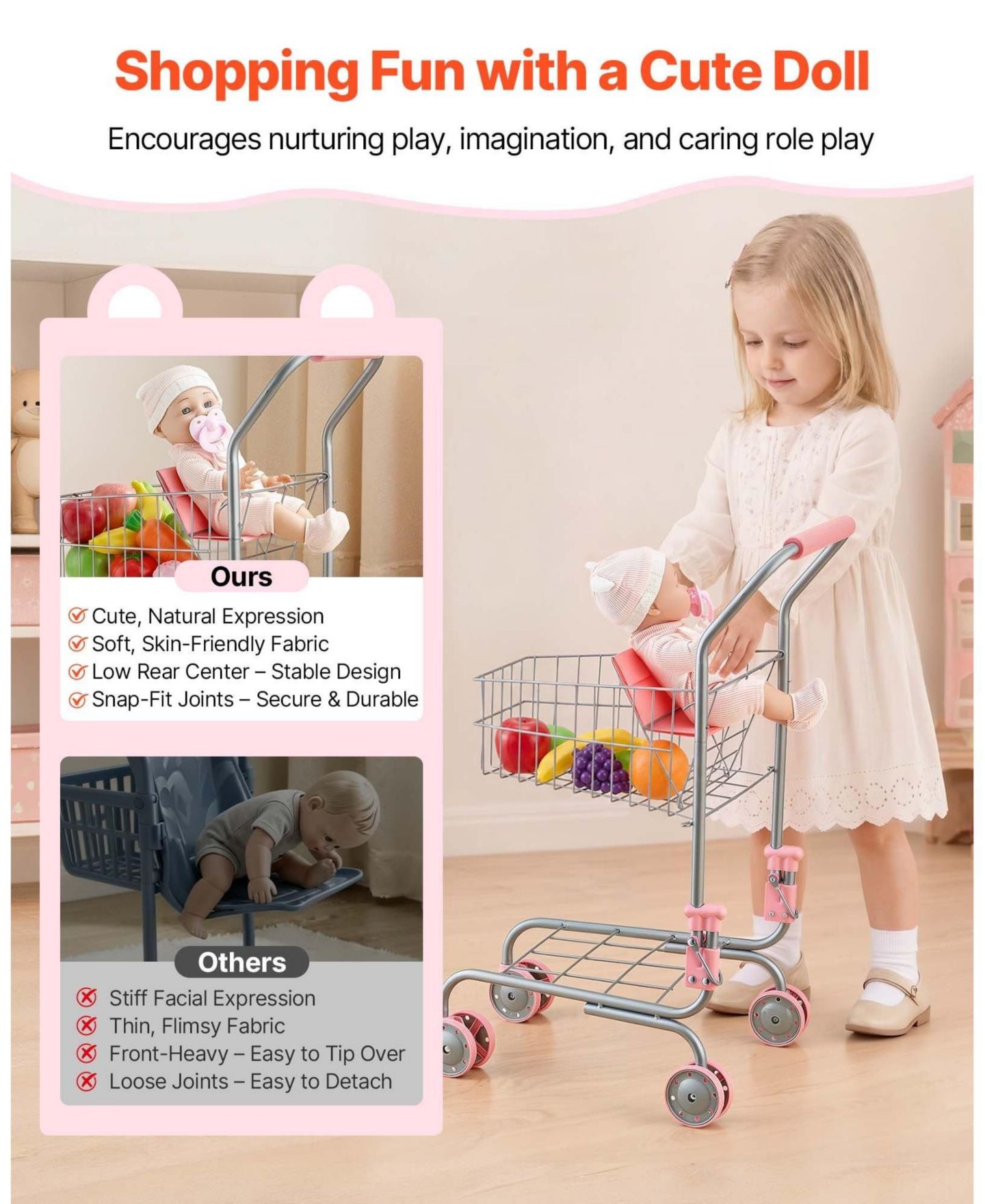 Детская игрушка SUGIFT Kids Pretend Play Shopping Cart with 6 L Basket and 12-in Doll for Ages 3+, цвет: Розовый — фото 6