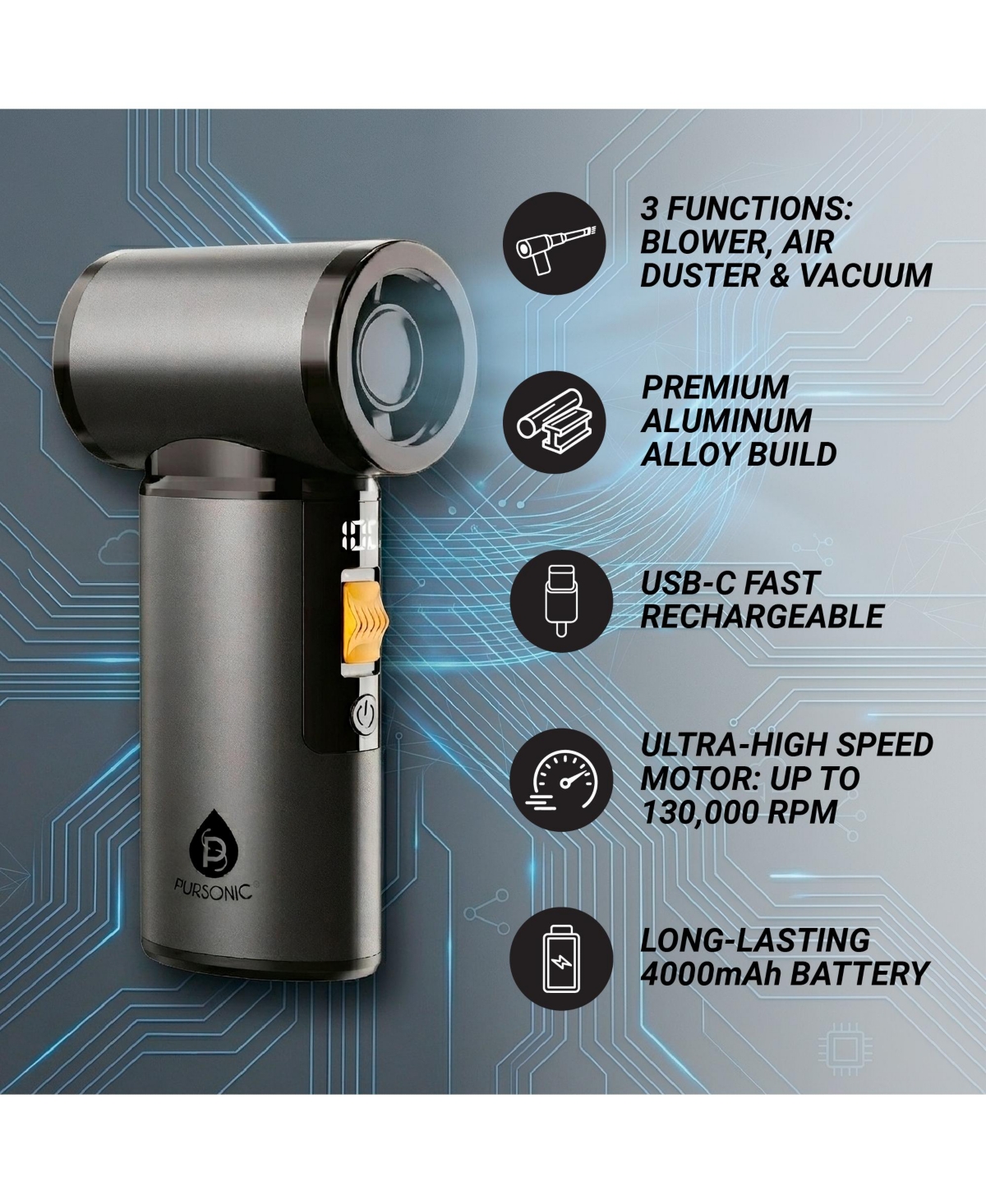 Pursonic Cordless Multi-Function Turbo Air Blower and Vacuum With 130,000 Rpm for Fast and Deep Cleaning