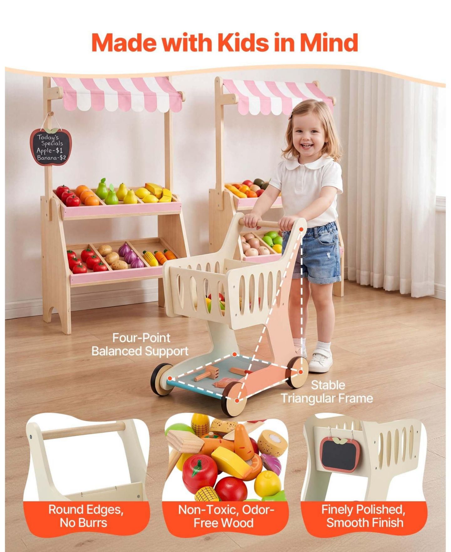 Детская игрушка SUGIFT Wooden Shopping Cart With Storage and Scanner, Ages 3+, цвет: Бежевый / Хаки — фото 6