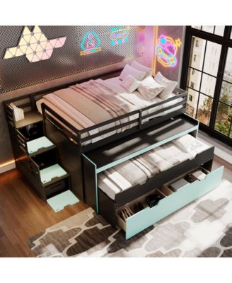 Full XL Loft Bed with Pull-Out Desk and Twin Trundle, Multi-Functional Bunk Bed with 2 Storage Drawers and Storage Steps