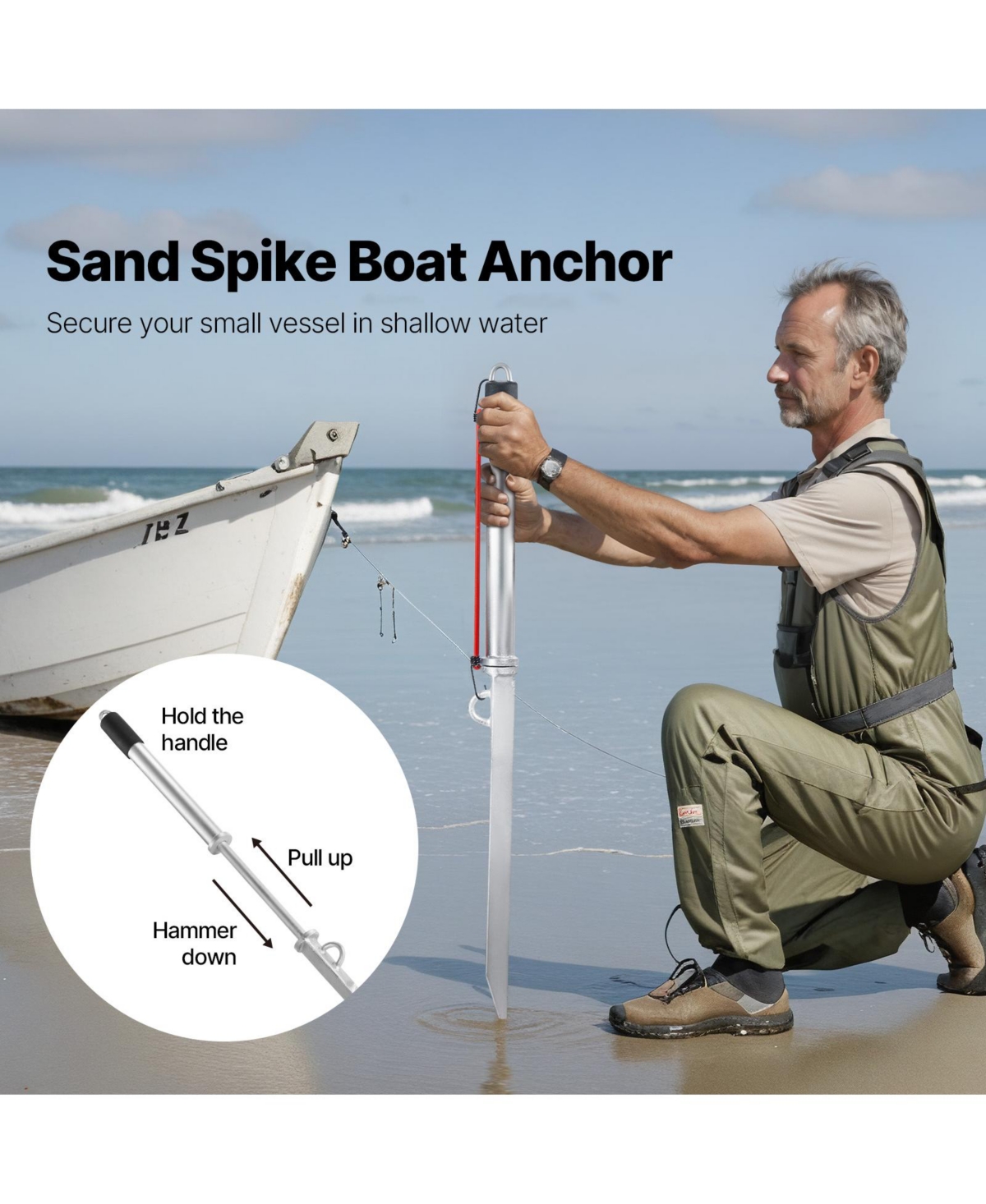 Sevorley Sand Spike Boat Anchor, 36 in Galvanized Steel Shore Spike for Beach and Sandbar