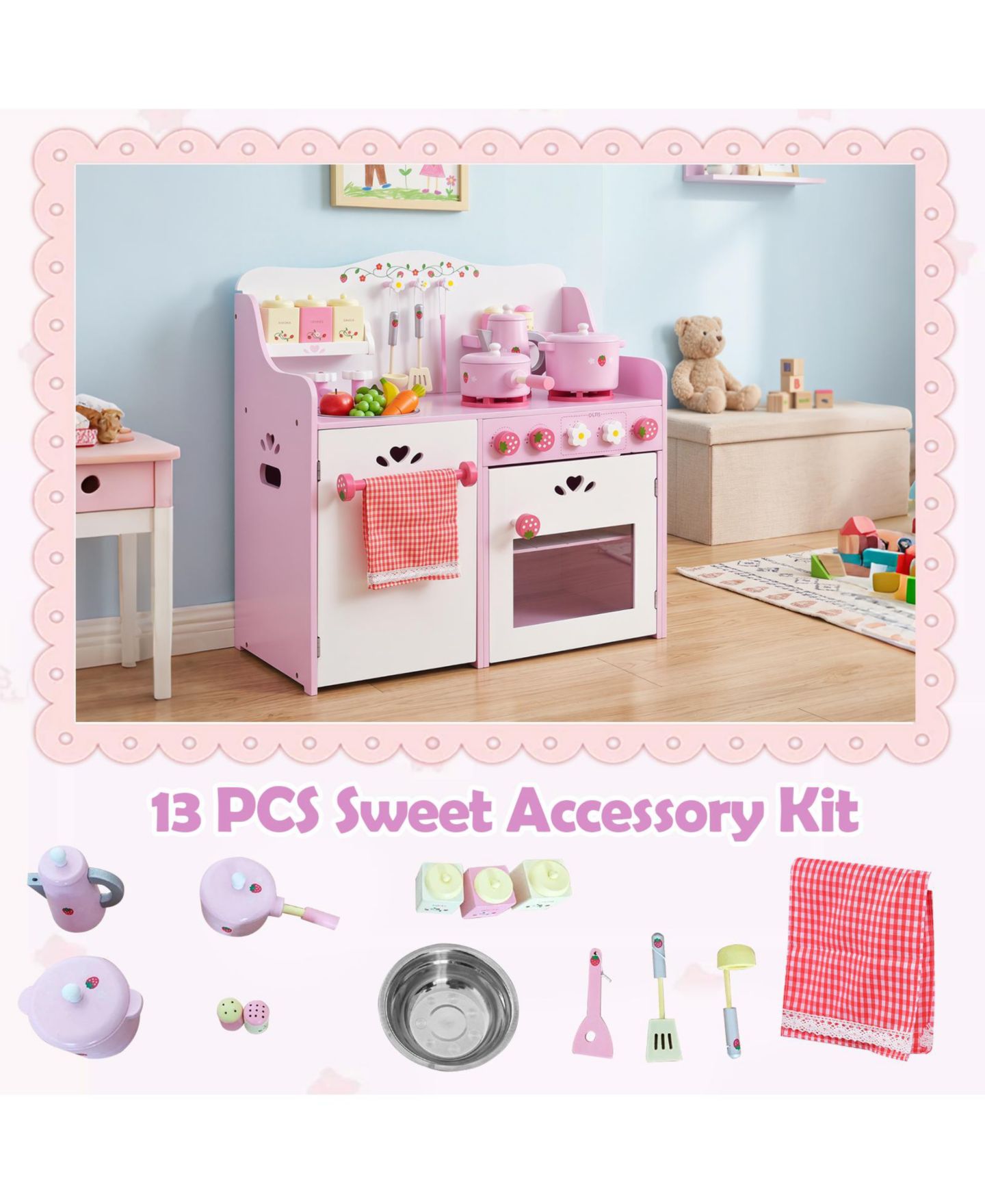 Детская игрушка Costway Strawberry Wooden 1-Piece Play Kitchen, Ages 3+, цвет: Розовый — фото 10
