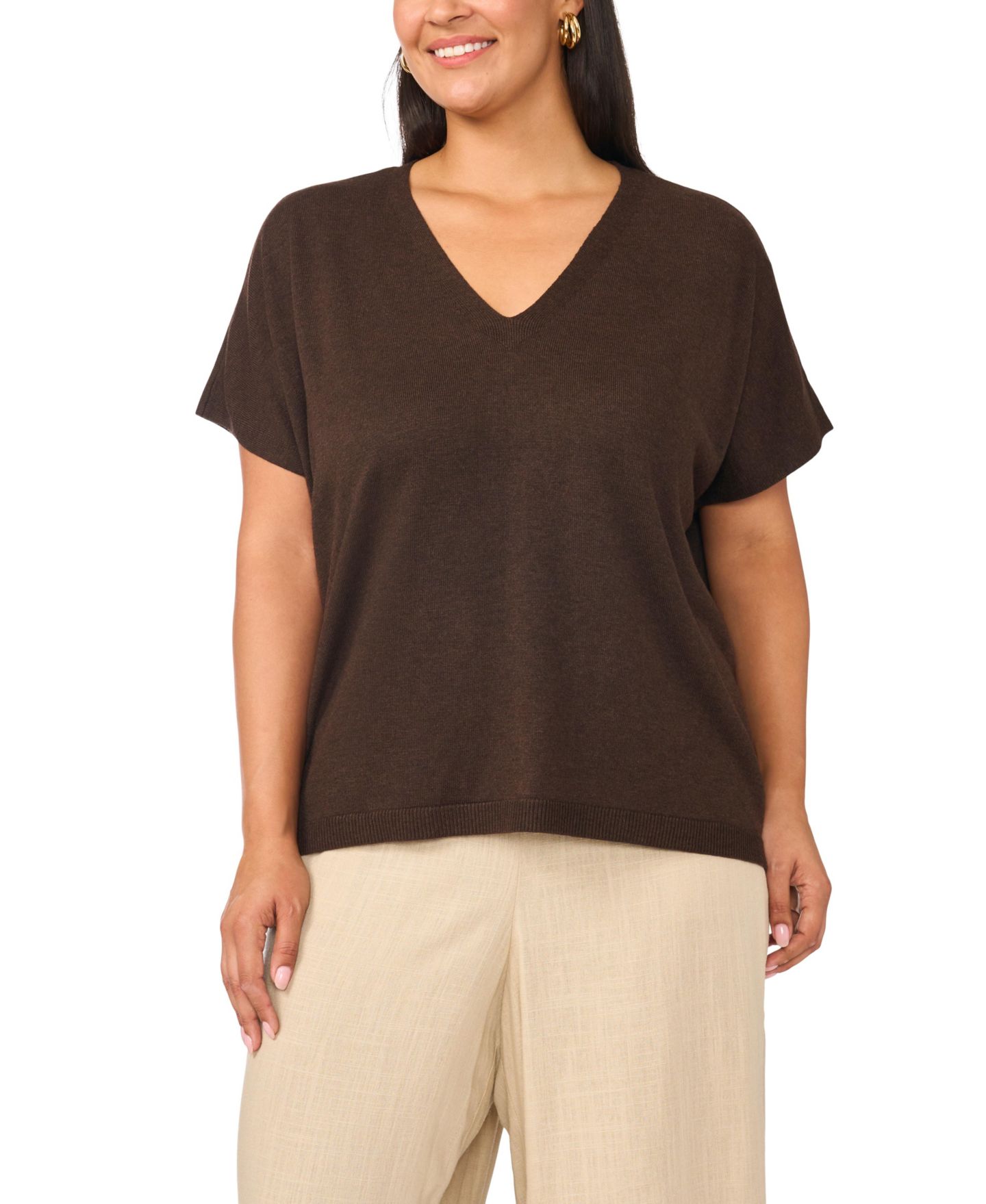 Женский свитер Vince Camuto Plus Size V-Neck Short-Sleeve Boxy, цвет: Тёмно-коричневый — фото 3