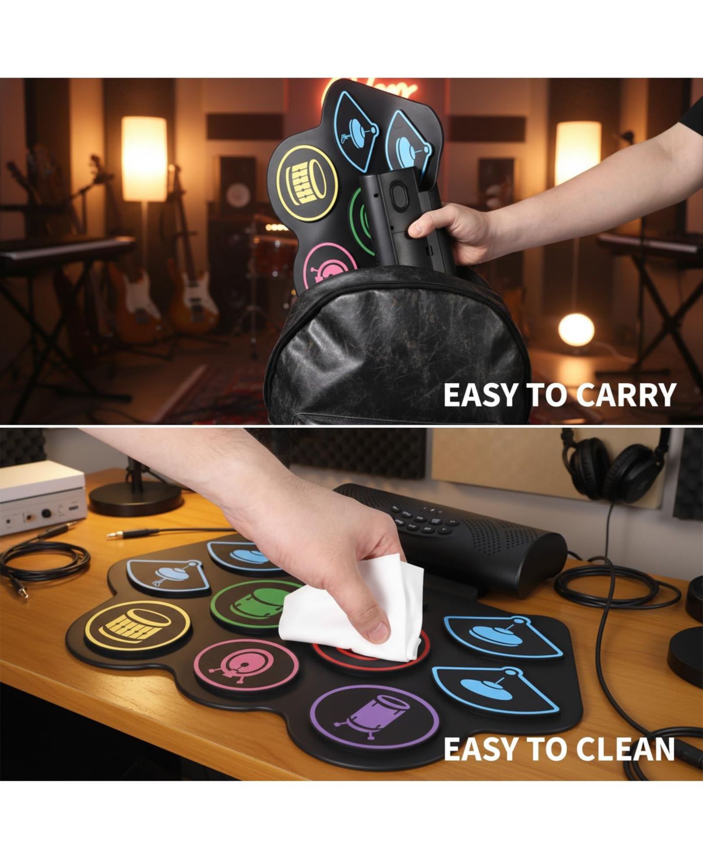 Детские игрушки homfan Roll-Up Portable Electronic Drum Set with Color-Coded Pads, 9-Piece, Ages 10+ — фото 3