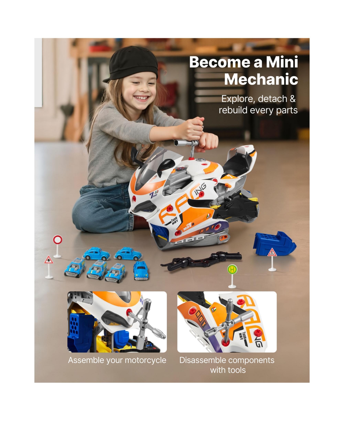 Sugift 25 Piece Motorcycle Mechanic Toy with Removable Parts Lights Sounds for Ages 3 Years and Up