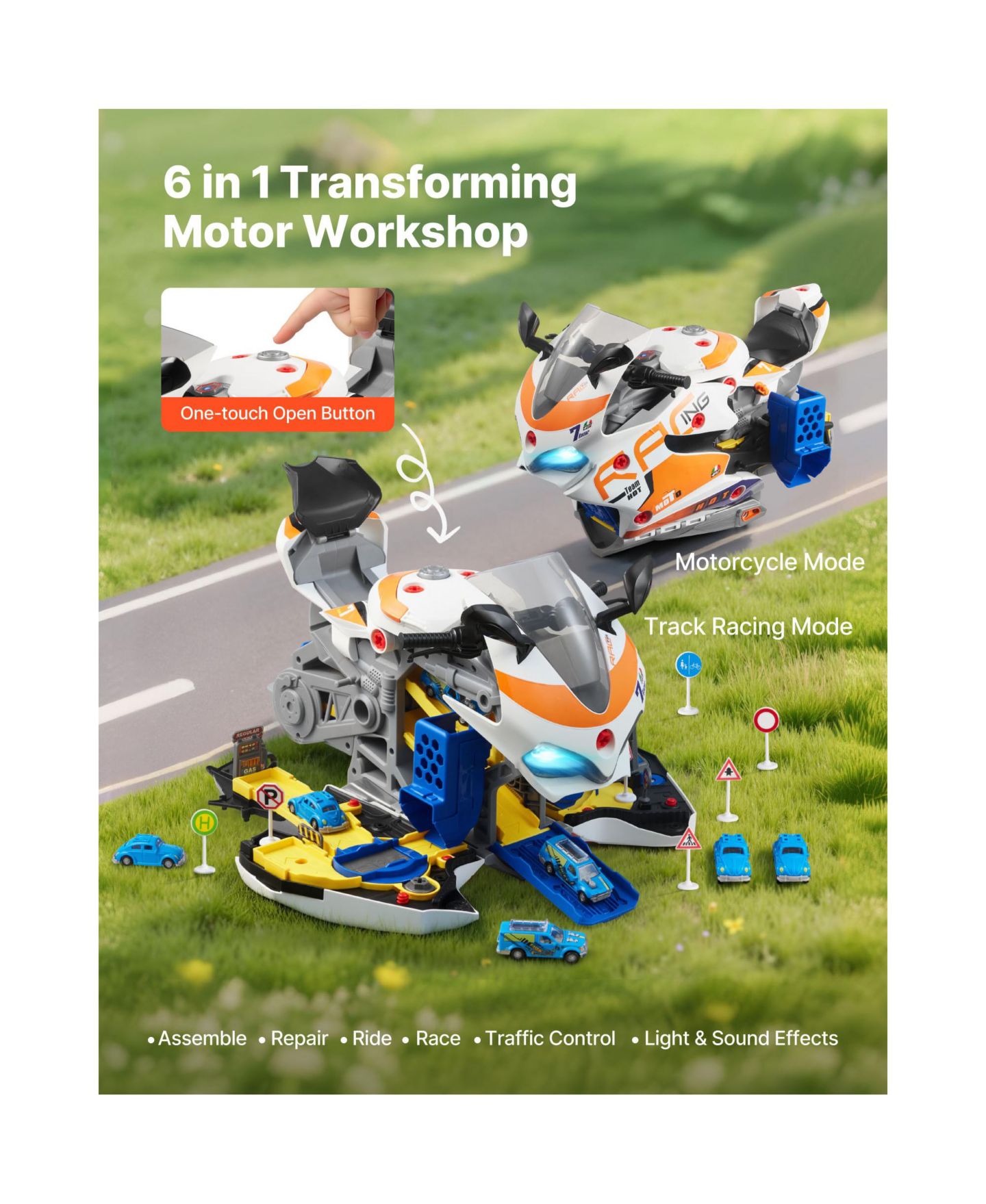 Детские игрушки SUGIFT 25 Piece Motorcycle Mechanic Toy with Removable Parts Lights Sounds for Ages 3 Years and Up, цвет: Жёлтый — фото 9