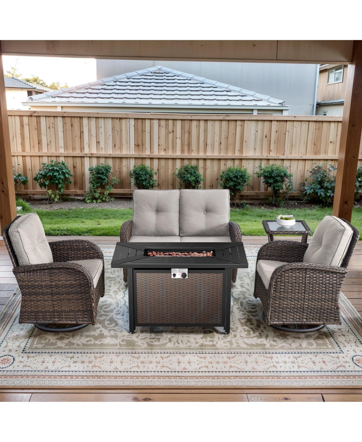 Bellefurn 5-Piece Outdoor Wicker Rattan Patio Glider Loveseat Conversation Set with Swivel Rocking Chairs and Fire Pit Table