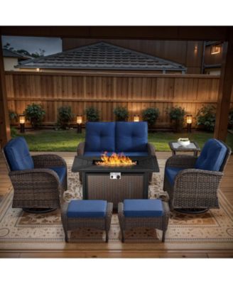 7-Piece Outdoor Wicker Fire Pit Conversation Set for Cozy Stargazing Nights with Glider Loveseat, Swivel Rocking Chairs and Ottomans