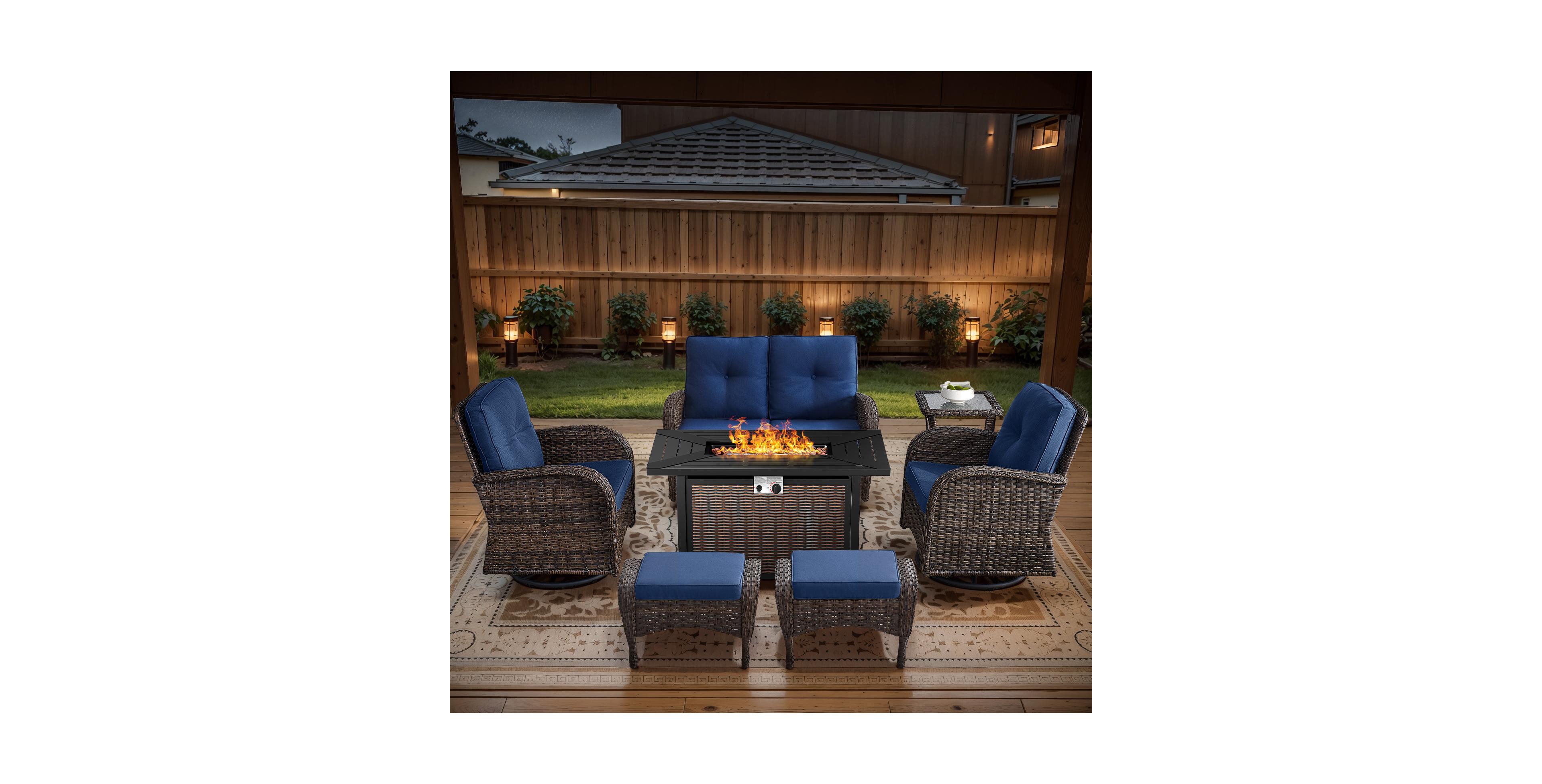 Bellefurn 7-Piece Outdoor Wicker Fire Pit Conversation Set for Cozy Stargazing Nights with Glider Loveseat, Swivel Rocking Chairs and Ottomans