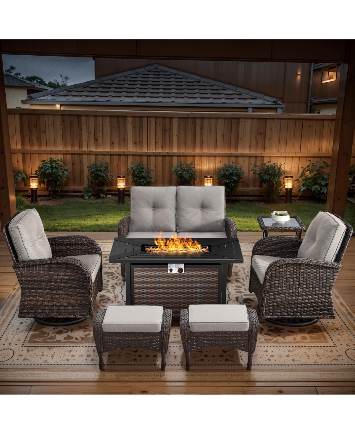 Bellefurn 7-Piece Outdoor Wicker Fire Pit Conversation Set for Cozy Stargazing Nights with Glider Loveseat, Swivel Rocking Chairs and Ottomans