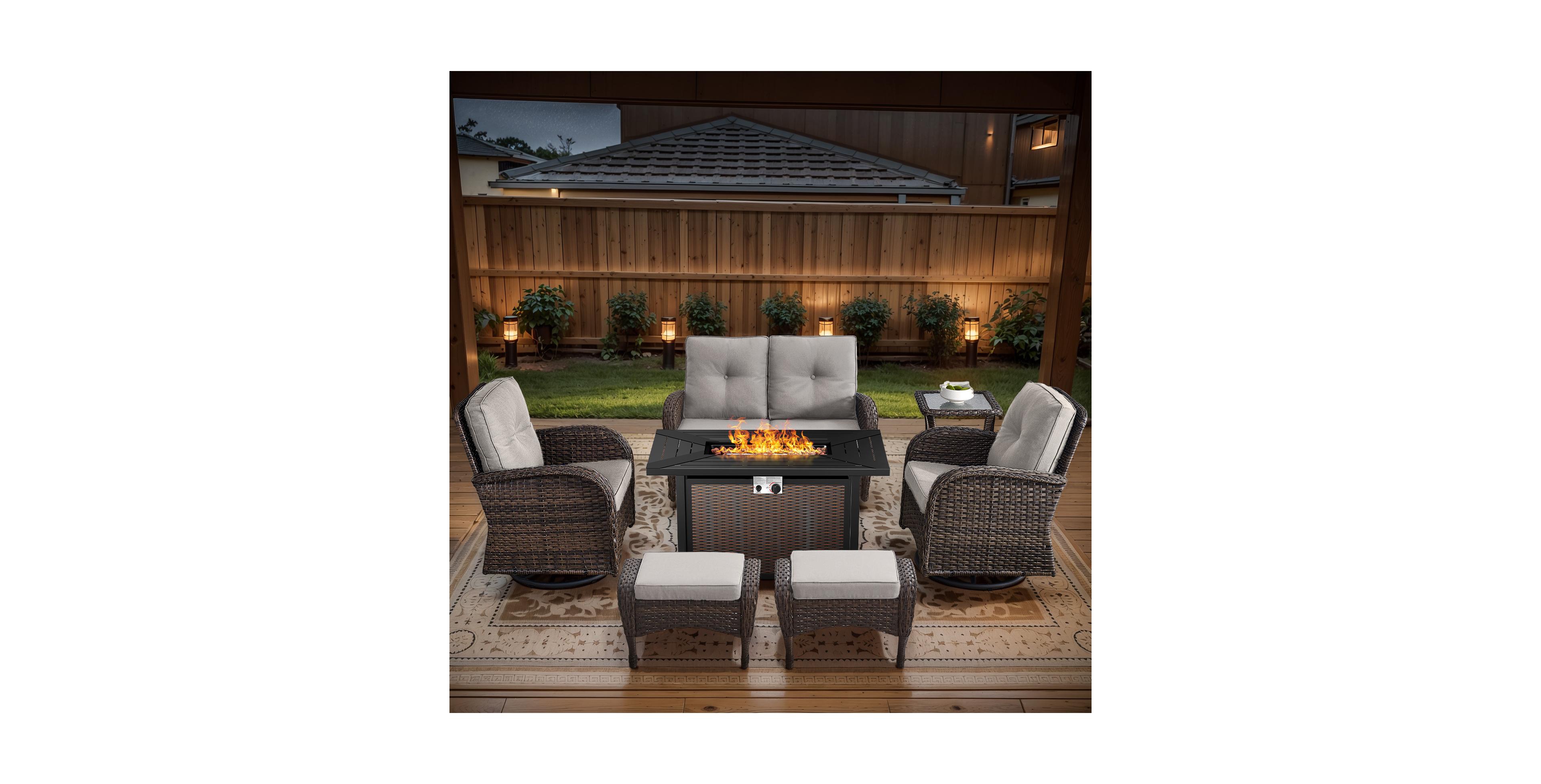 Bellefurn 7-Piece Outdoor Wicker Fire Pit Conversation Set for Cozy Stargazing Nights with Glider Loveseat, Swivel Rocking Chairs and Ottomans