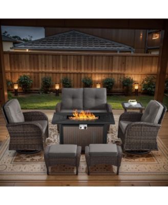 7-Piece Outdoor Wicker Fire Pit Conversation Set for Cozy Stargazing Nights with Glider Loveseat, Swivel Rocking Chairs and Ottomans