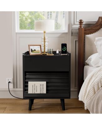Modern 2-Drawer Nightstand with RGB LED Lights and Built-In Charging Power Station