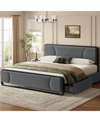 Curved Tufted Velvet Platform Bed, 4-Position Movable Drawers, Bedside Charging Station, No Box Spring Needed