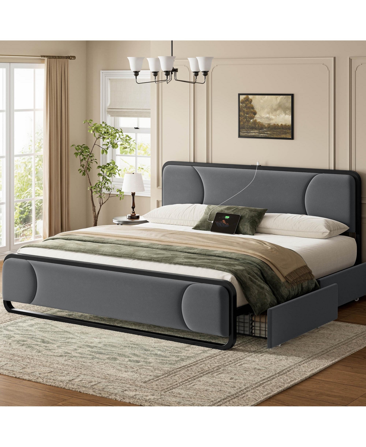 Hausource Curved Tufted Velvet Platform Bed, 4-Position Movable Drawers, Bedside Charging Station