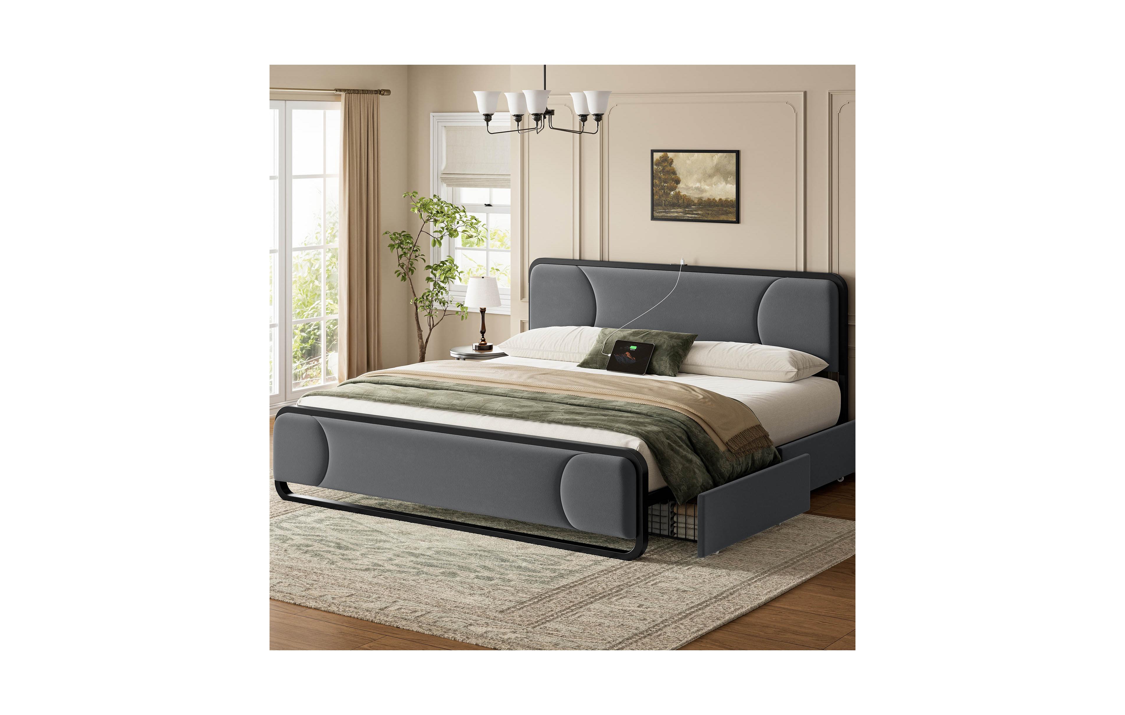 Hausource Curved Tufted Velvet Platform Bed, 4-Position Movable Drawers, Bedside Charging Station
