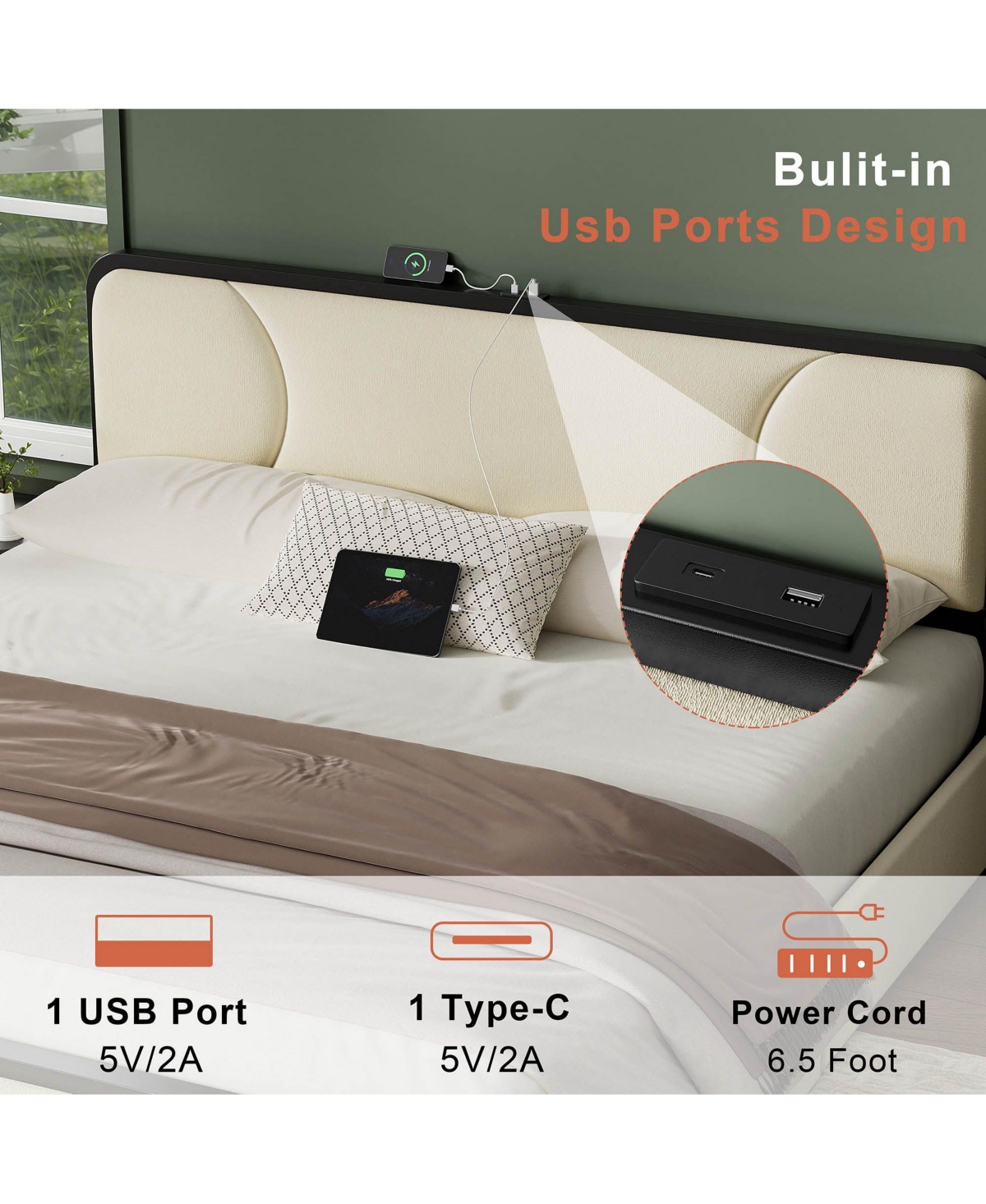 Hausource Curved Tufted Velvet Platform Bed, 4-Way Placeable Underbed Drawers, Bedside Charging Station