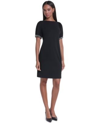 Women's Boat Neck Sheath Dress With Imitation Pearl Sleeve Cuff