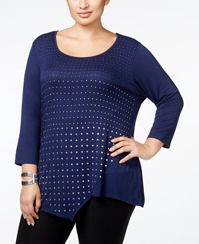 Belldini Plus Size Studded Asymmetric-Hem Tunic Top