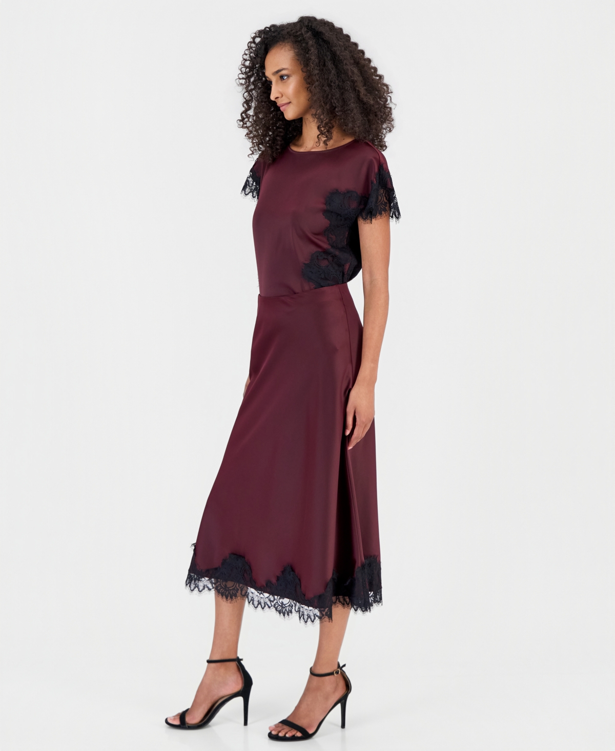 Anne Klein Women's Lace-Trim Midi Satin Skirt