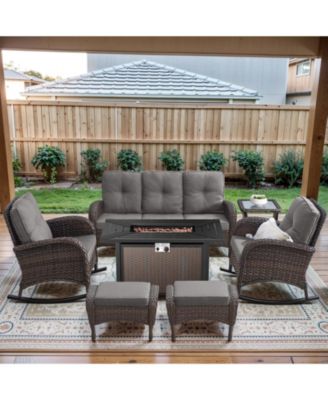 7-Piece Outdoor Wicker Nighttime Conversation Set for Family Gatherings and Cozy Backyard Nights with Sofa, Rocking Chairs and Ottomans