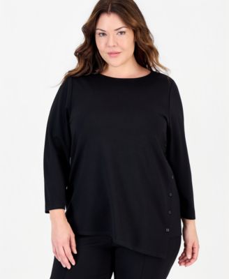 Plus Size Asymmetrical Button Serenity Knit 3/4-Sleeve Boat-Neck Tunic