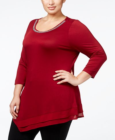 Belldini Plus Size Rhinestone-Trimmed Chiffon-Inset Tunic