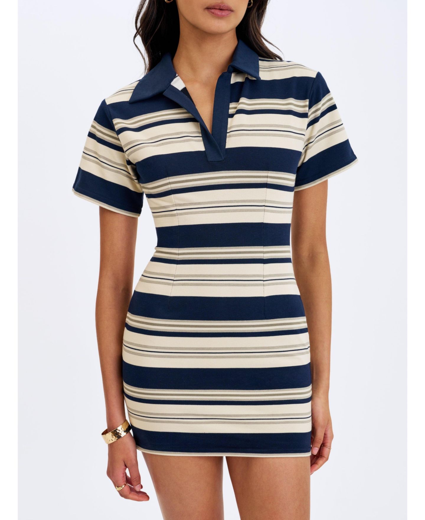 Женское платье Miss Circle Whitley Collared Short-Sleeve Striped Mini, цвет: Тёмно-синий полосатый — фото 7