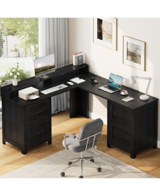 L-Shaped Executive Desk, 63" Corner Computer Desk with 4 File Drawers, Monitor Stand, Built-in Power Outlets, Workspace Organization