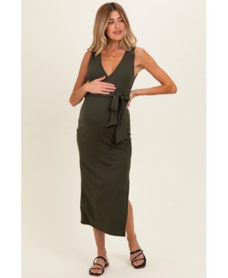 Women's Olive Sleeveless Wrap Midi Dress