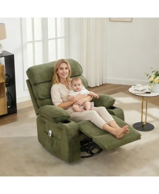 37"W Manual Swivel Rocker Recliner Chair with Massage and Heat, Linen Fabric Recliner with Iron Frame for Living Room Bedroom Office, Blue/Green