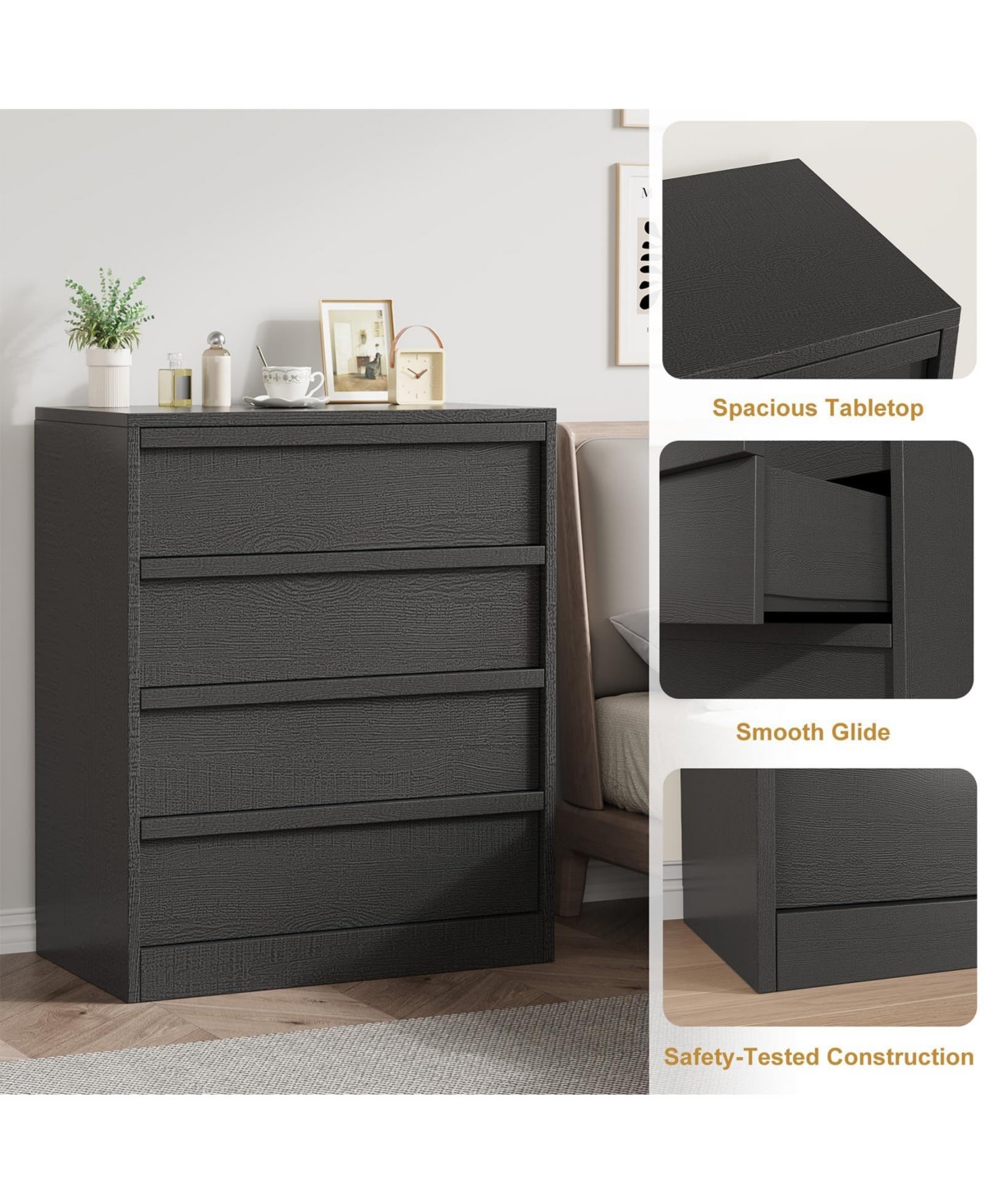 gaomon 4 Drawer Dresser for Bedroom, 39.3" Tall Wooden Storage Chest with Deep Drawers for Closet, Living Room
