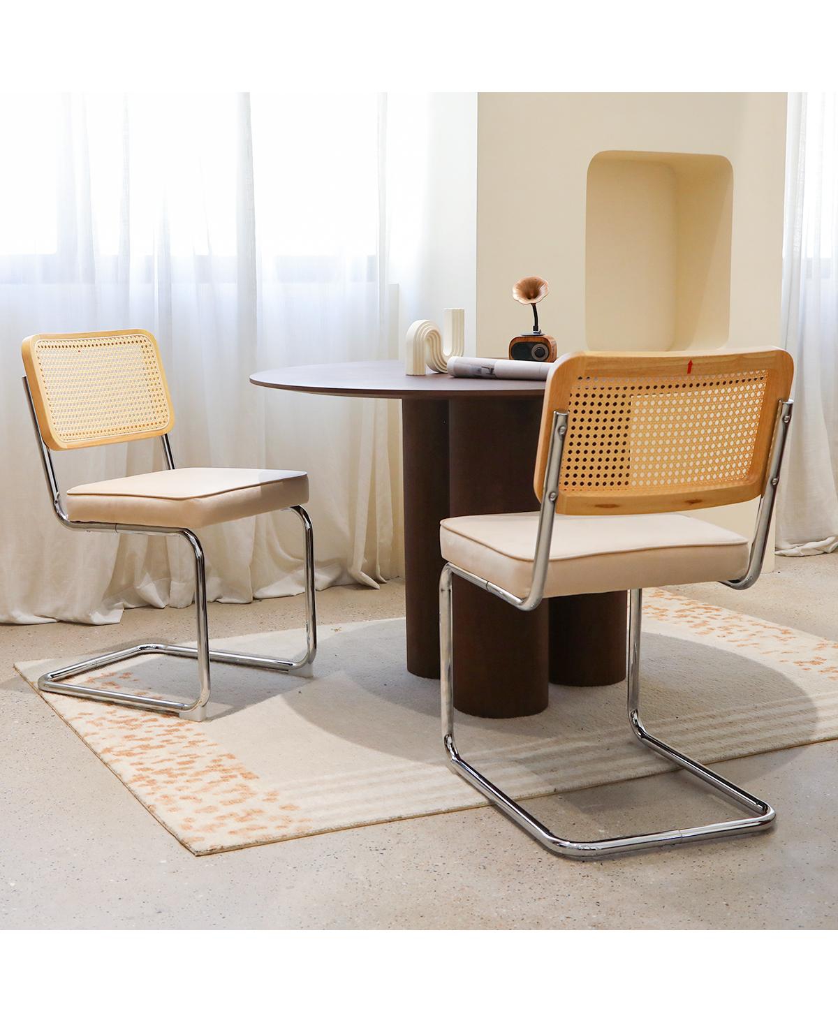 Flynama Set of 2 Champagne Velvet Rattan Cantilever Dining Chairs, Chrome Tubular Steel Breuer Stackable Side Chairs