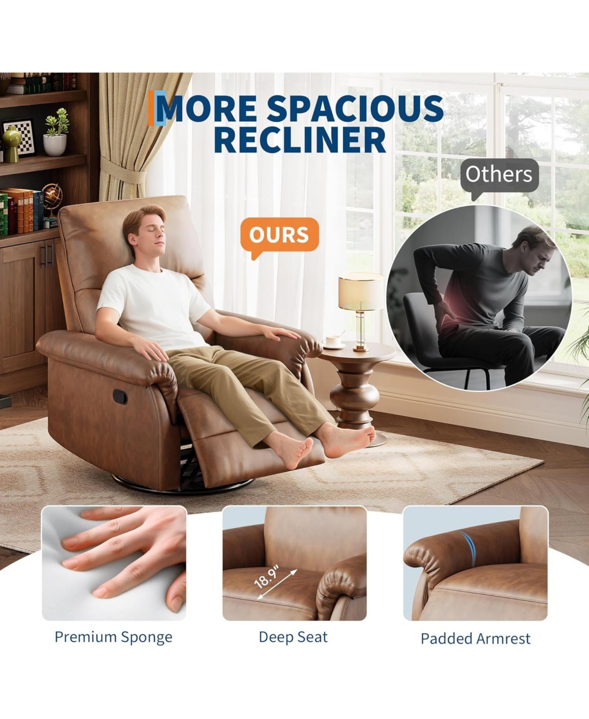 homfan Manual Swivel Rocker Recliner Chair, 360degree(s) Rotation, Pu Leather, Padded Armrests, 350 lb Capacity