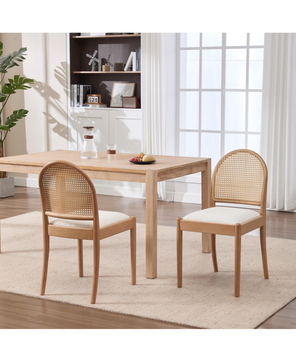 Flynama Set of 2 Rattan Back Linen Dining Chairs, Solid Wood Leg Teddy Cushion 275lbs Capacity