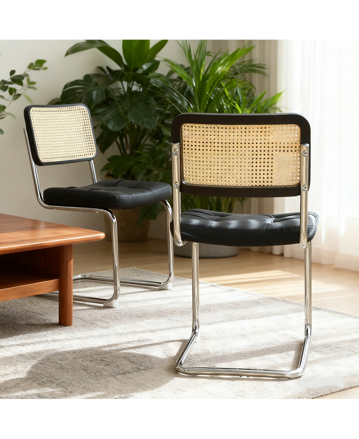Flynama Dining Chairs Set of 2, Faux Leather Rattan Side Accent Chairs with Chrome Legs, Modern Mid Century Breuer Designed Chairs