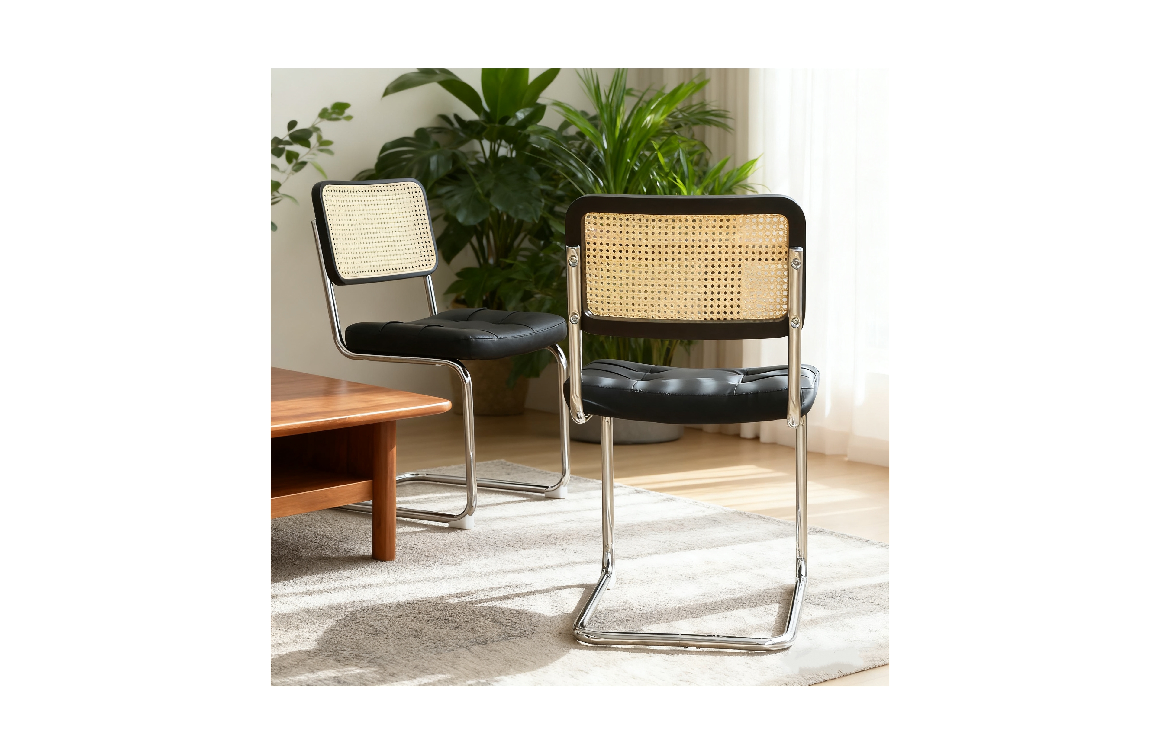 Flynama Dining Chairs Set of 2, Faux Leather Rattan Side Accent Chairs with Chrome Legs, Modern Mid Century Breuer Designed Chairs