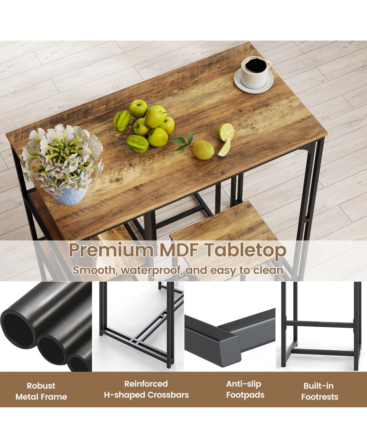 Mecale 3-Piece Bar-Height Dining Set with 2 Stools and Shelves