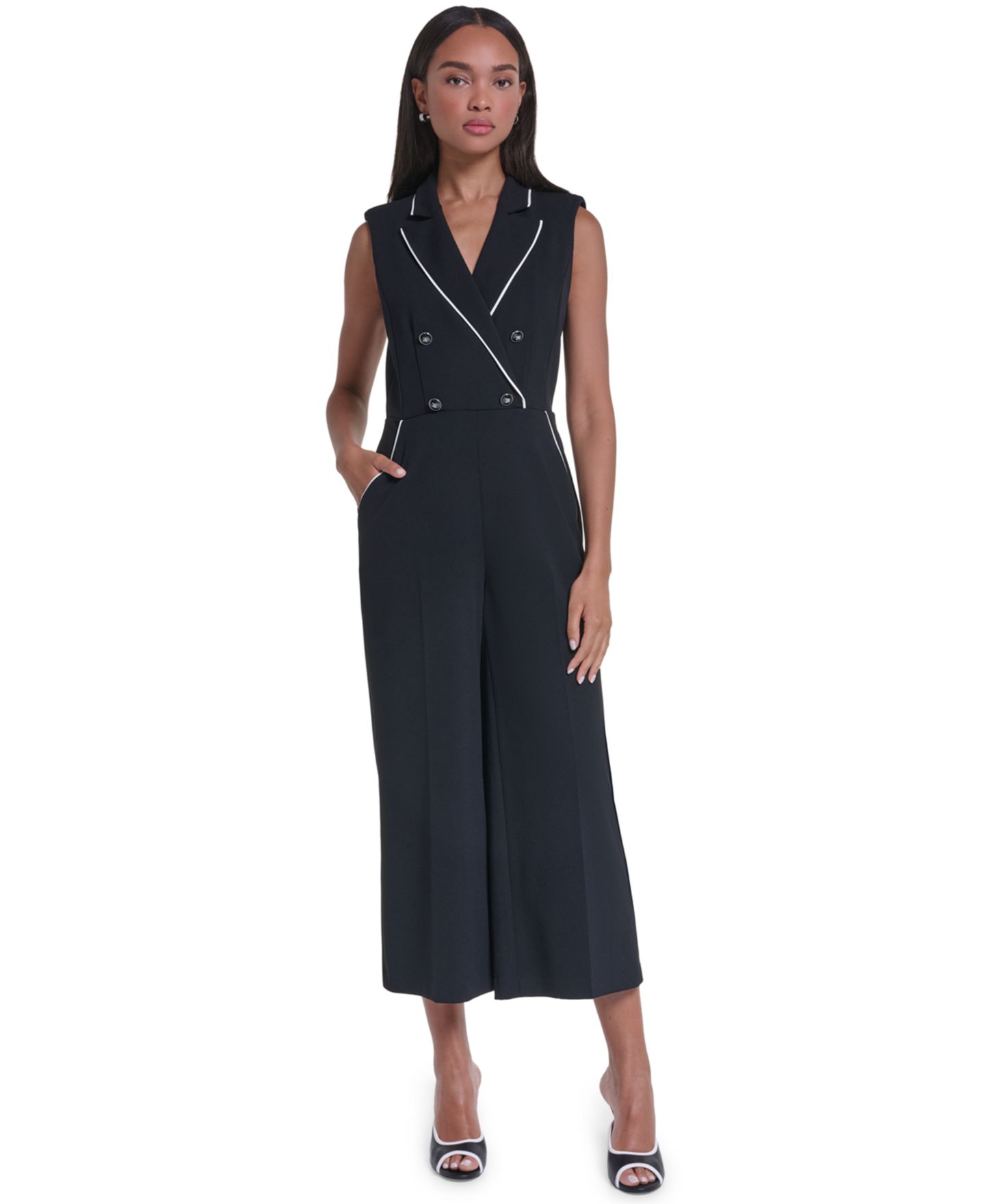Женский комбинезон KARL LAGERFELD PARIS Scuba Crepe Sleeveless Collared Wide-Leg Jumpsuit, цвет: Чёрный / Мягкий белый — фото 1