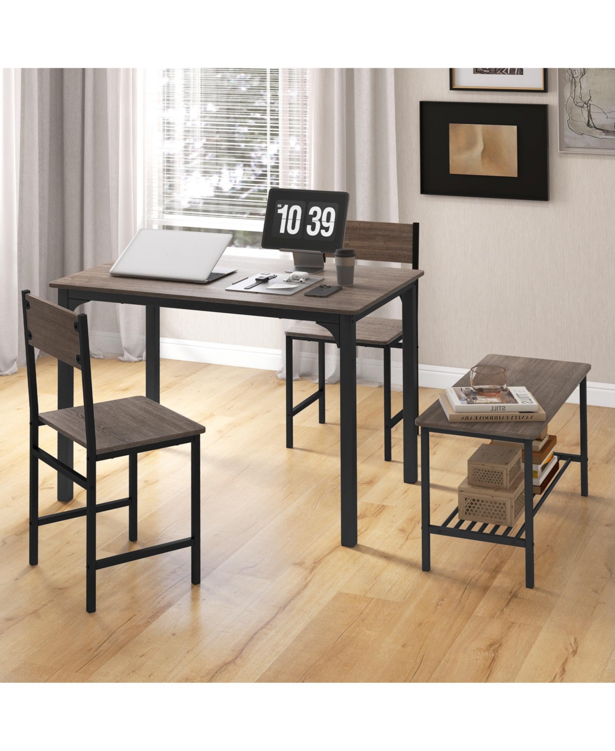 Mecale 4-Piece Rustic Dining Table Set with Storage Bench and 2 Chairs