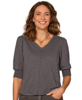 Petite Elbow-Length Blouson Scalloped V-Neck Blouse