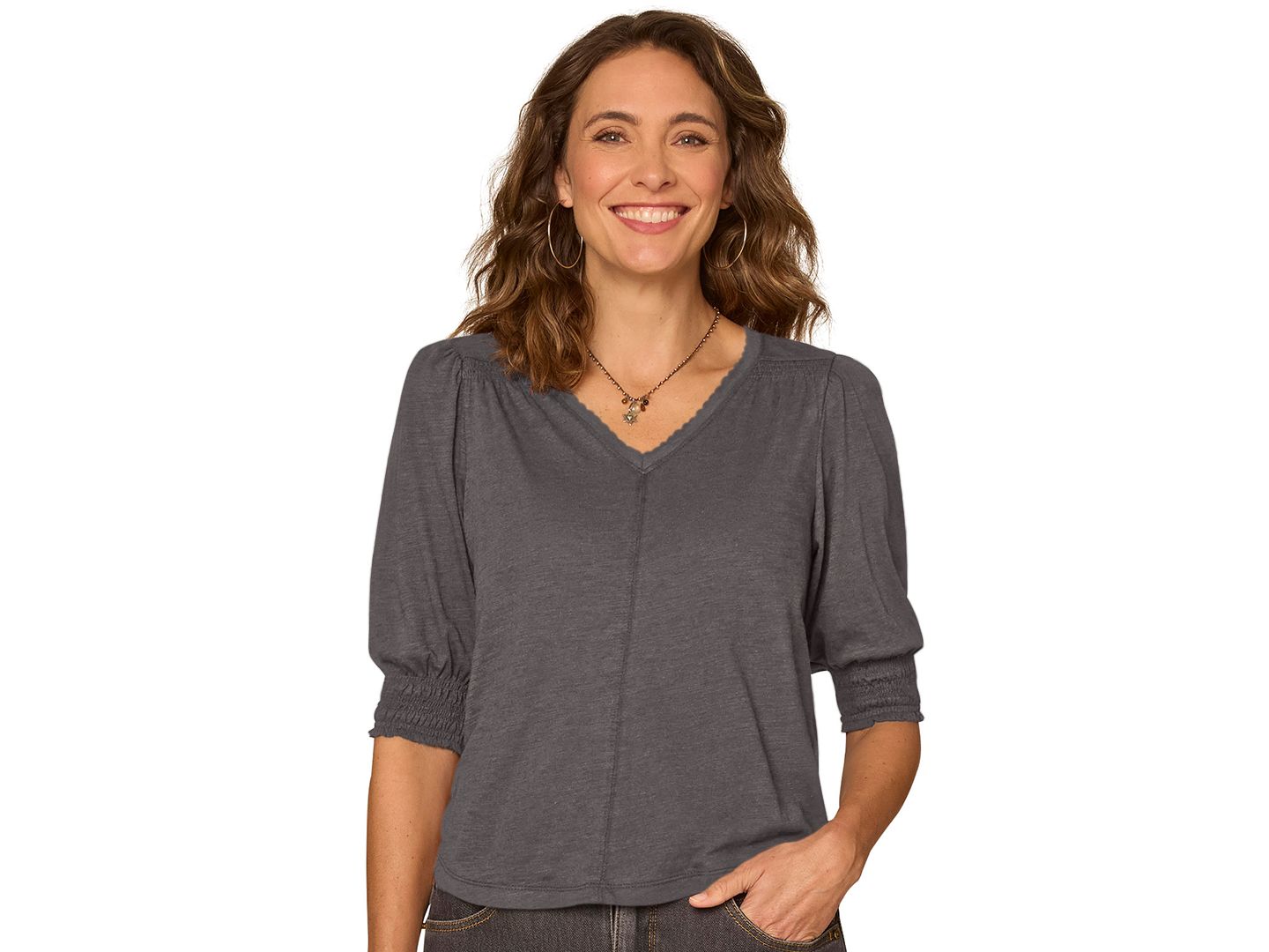 Женская блузка Democracy Petite Elbow-Length Blouson Scalloped V-Neck Blouse, цвет: Меланжевый угольный — фото 1