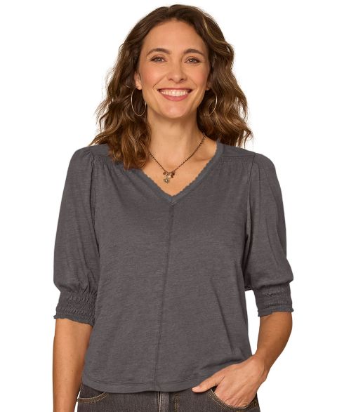 Женская блузка Democracy Petite Elbow-Length Blouson Scalloped V-Neck Blouse, цвет: Меланжевый угольный