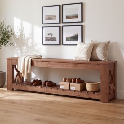 63" Solid Wood Storage Bench with Curved Side Panels