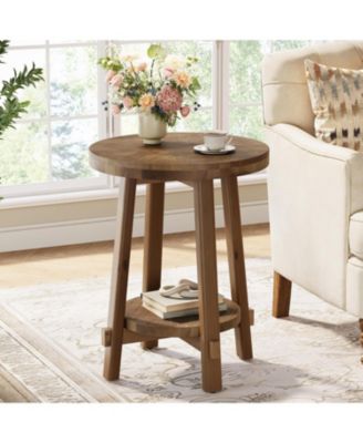 Solid Wood Side Table, Small Round End Table with 2-Tier